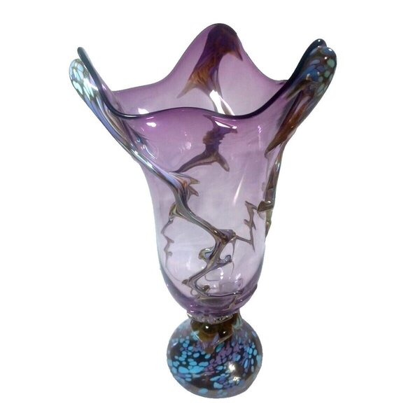 Unique 13 X 7.5 Purple Art Deco Murano Vines Confetti Centerpiece Vase Vintage - Picture 3 of 16